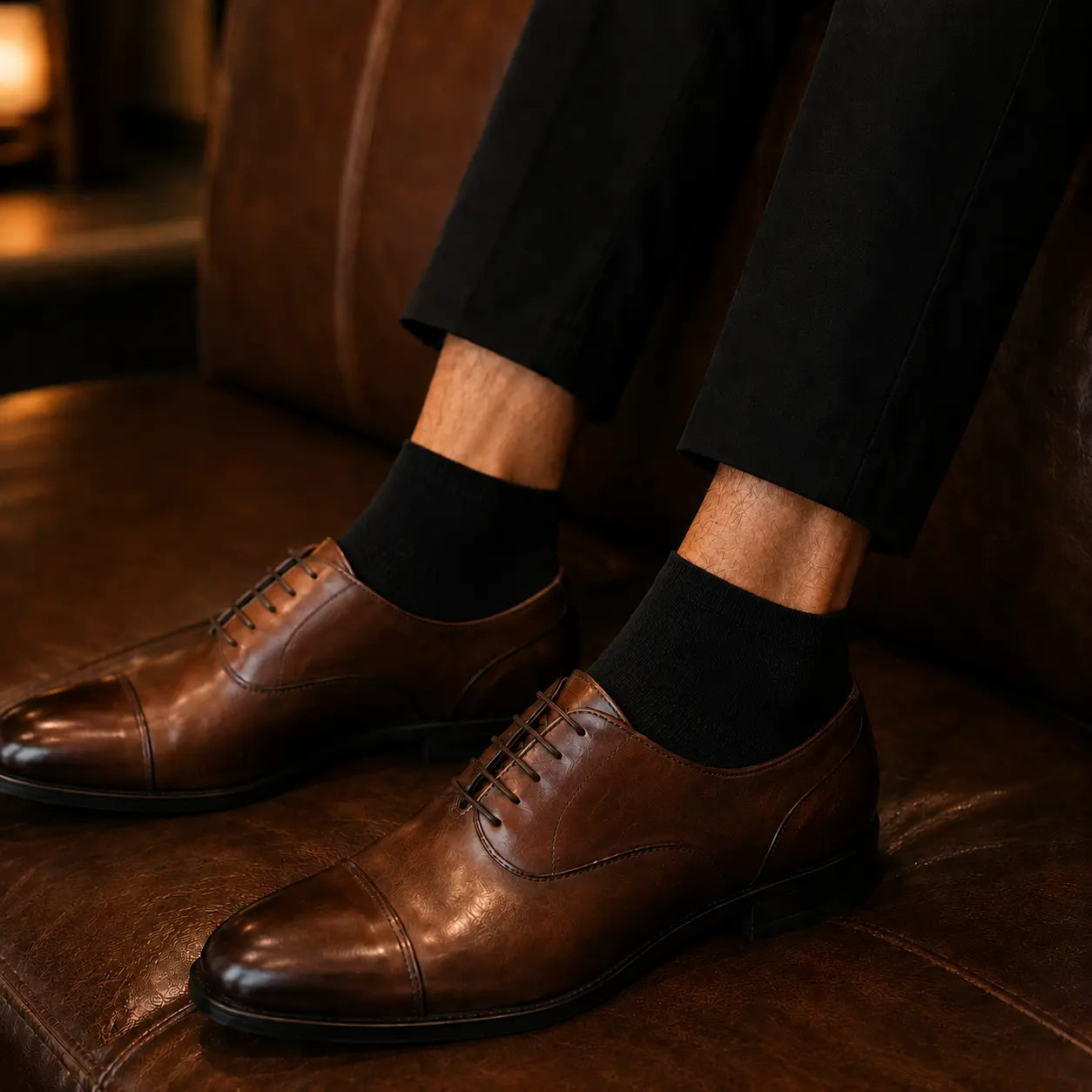 Brown leather shoes with black socks on a brown leather couch.