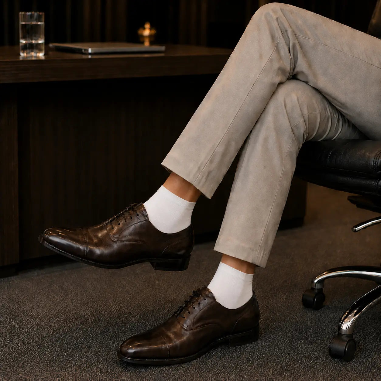 Person wearing brown shoes and beige pants sitting in an office chair.