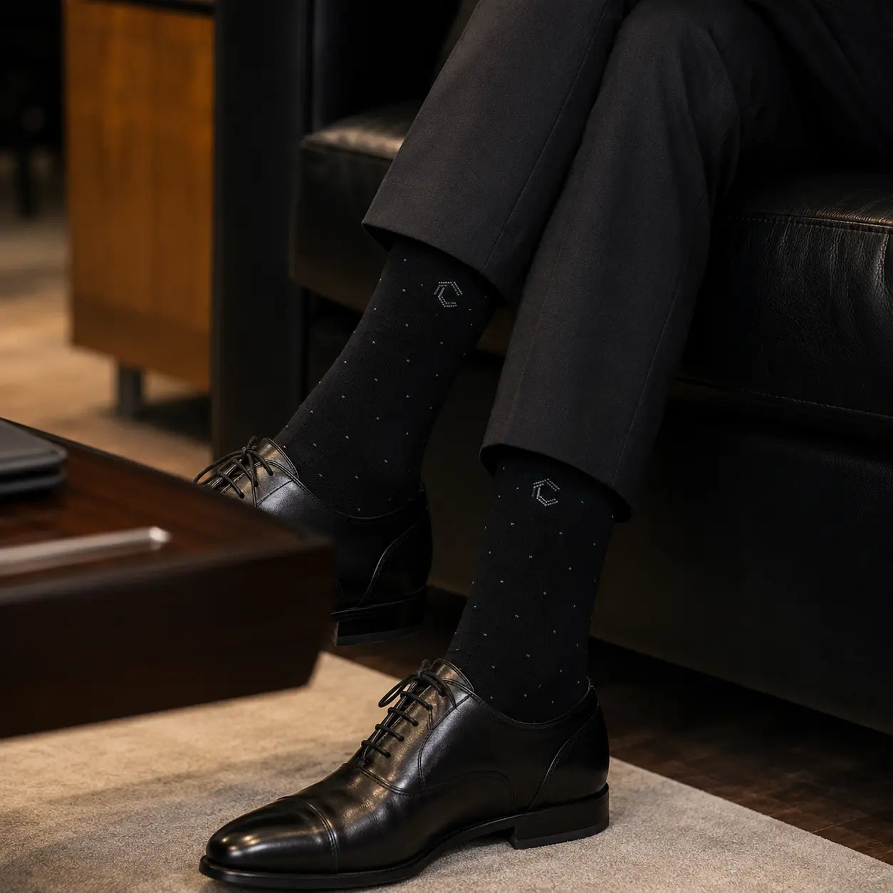 Person wearing black dress shoes and socks sitting on a leather chair.
