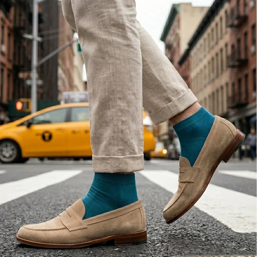 Person wearing beige loafers and blue socks on a city street with a yellow taxi in the background.