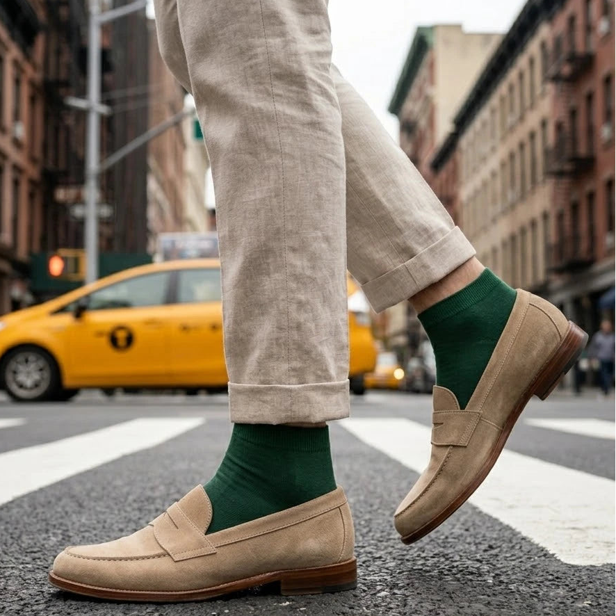 Person wearing beige loafers and green socks on a city street with a yellow taxi in the background.