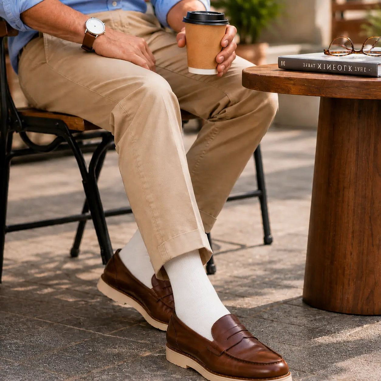 Person sitting outdoors holding a coffee cup, wearing brown shoes and beige pants.
