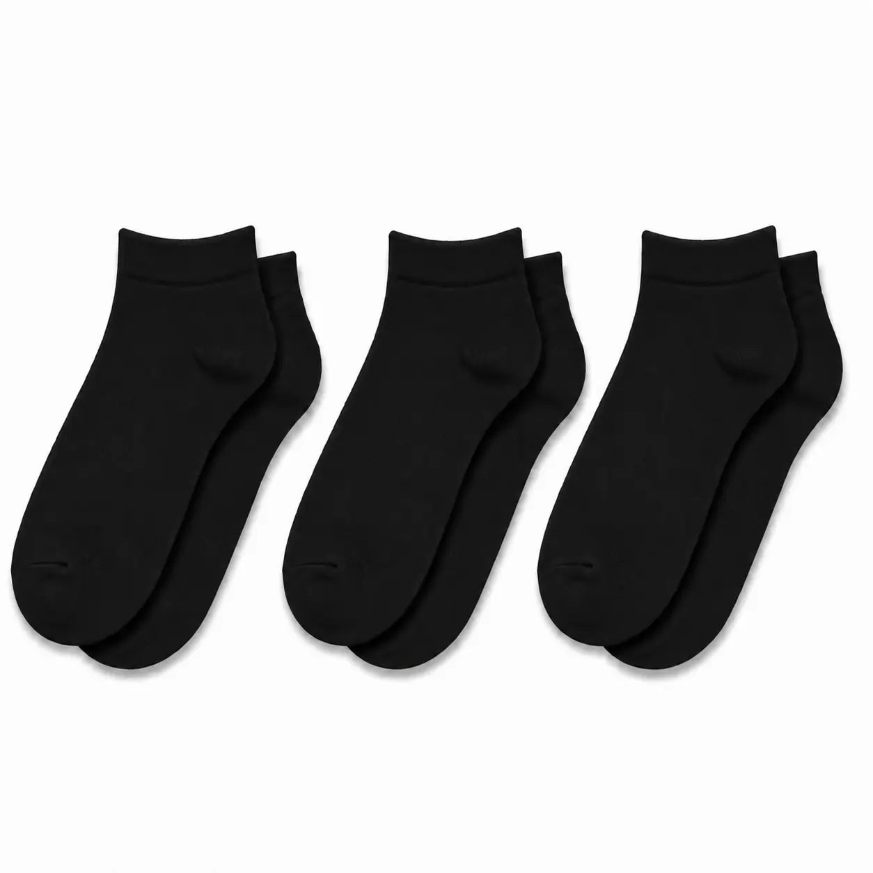 Three pairs of black ankle socks on a white background